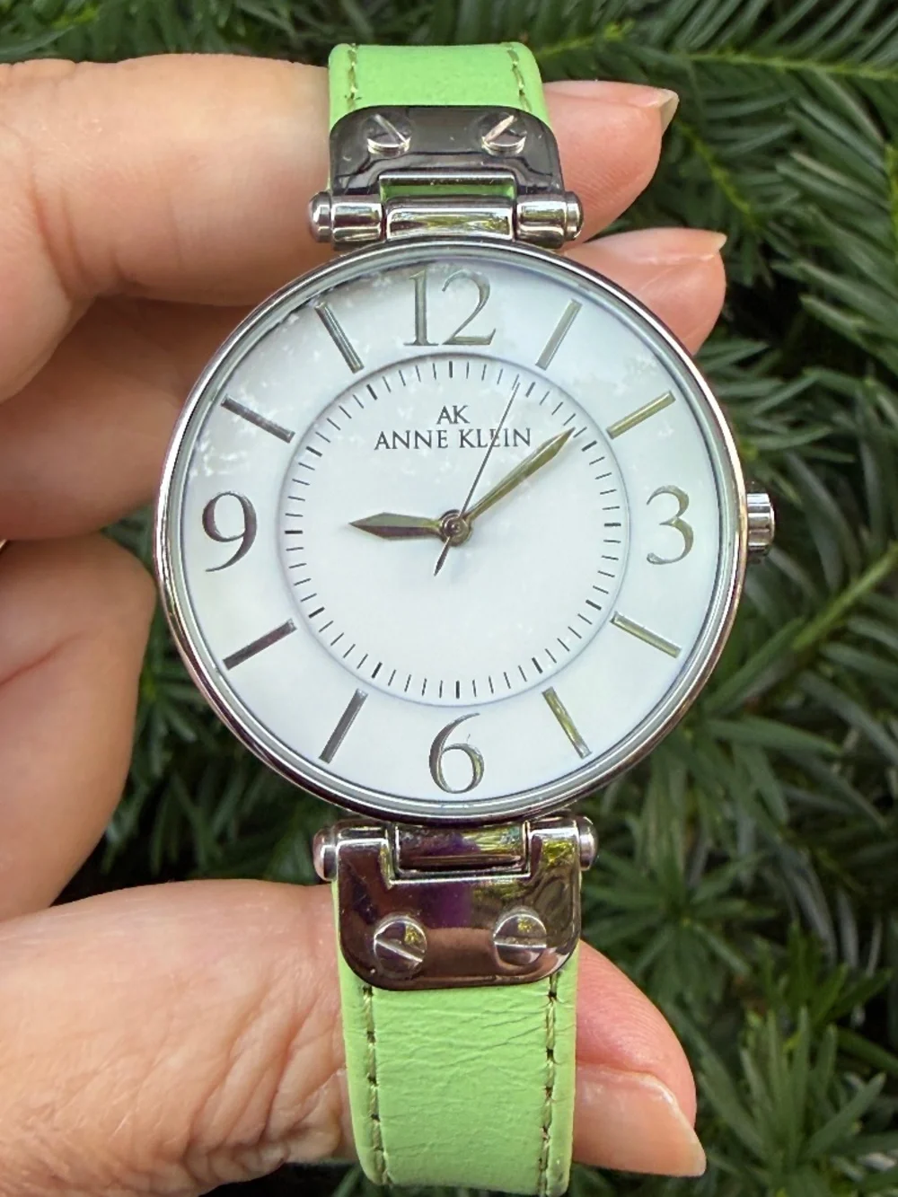 AK Anne Klein Women’s Large Round Silvertone Watch Spring Green Band New Battery